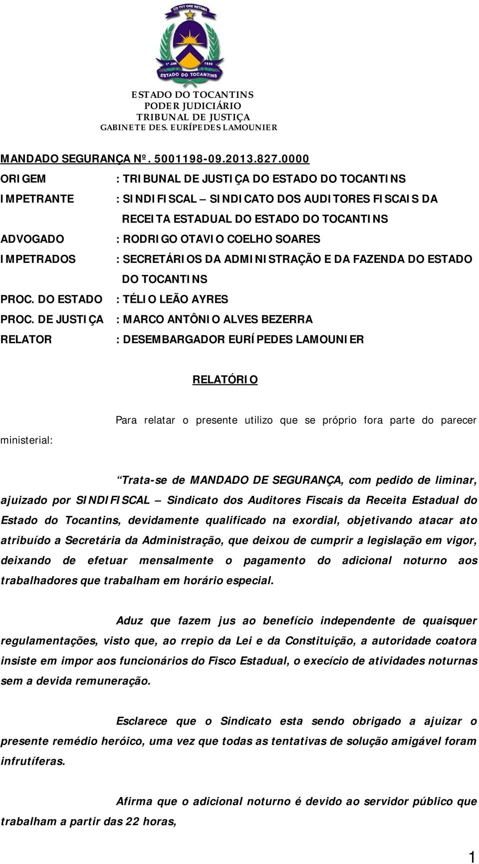 FAZENDA DO ESTADO DO TOCANTINS : TÉLIO LEÃO AYRES : MARCO ANTÔNIO ALVES BEZERRA : DESEMBARGADOR EURÍPEDES LAMOUNIER RELATÓRIO Para relatar o presente utilizo que se próprio fora parte do parecer