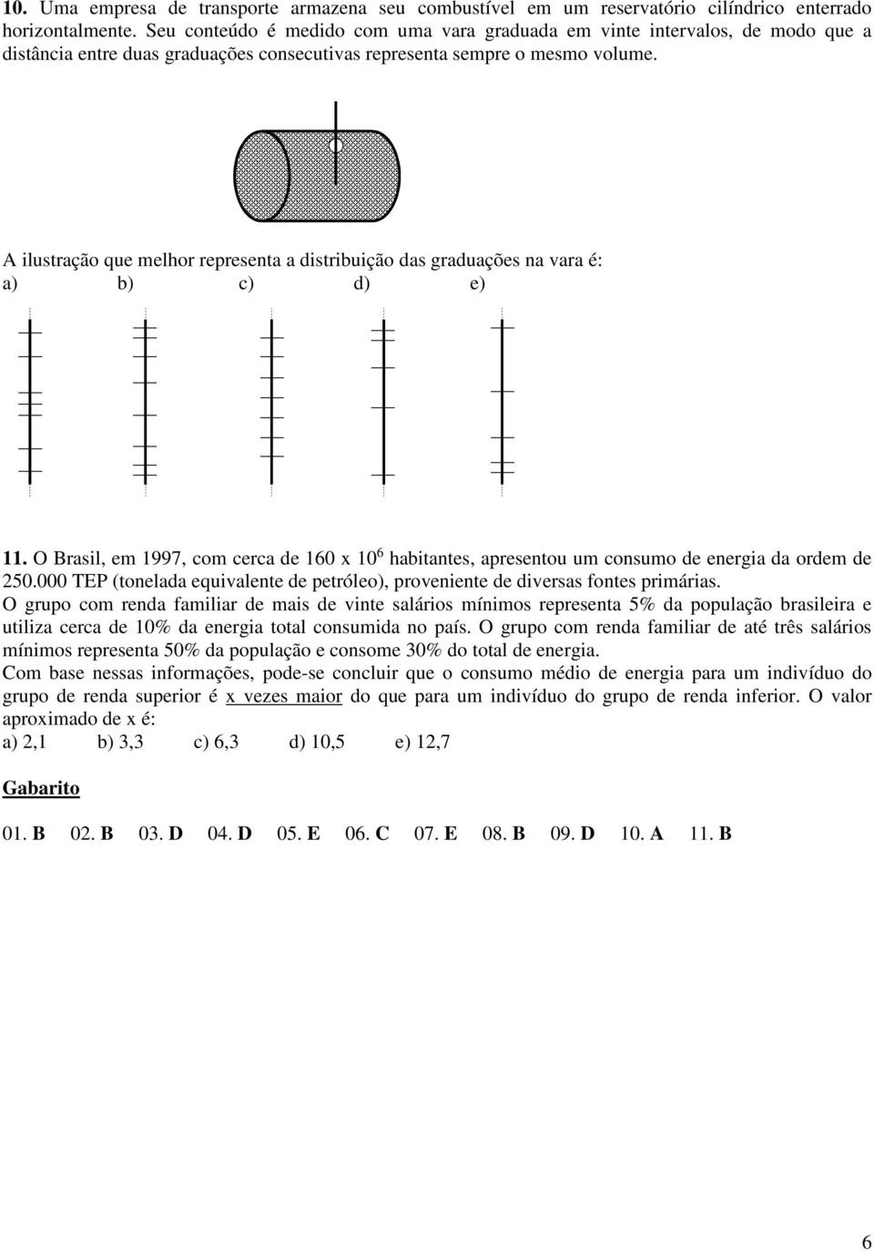 A ilustração que melhor representa a distribuição das graduações na vara é: a) b) c) d) e) 11. O Brasil, em 1997, com cerca de 160 x 10 6 habitantes, apresentou um consumo de energia da ordem de 250.