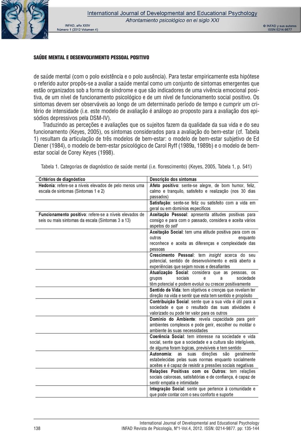 de uma vivência emocional positiva, de um nível de funcionamento psicológico e de um nível de funcionamento social positivo.