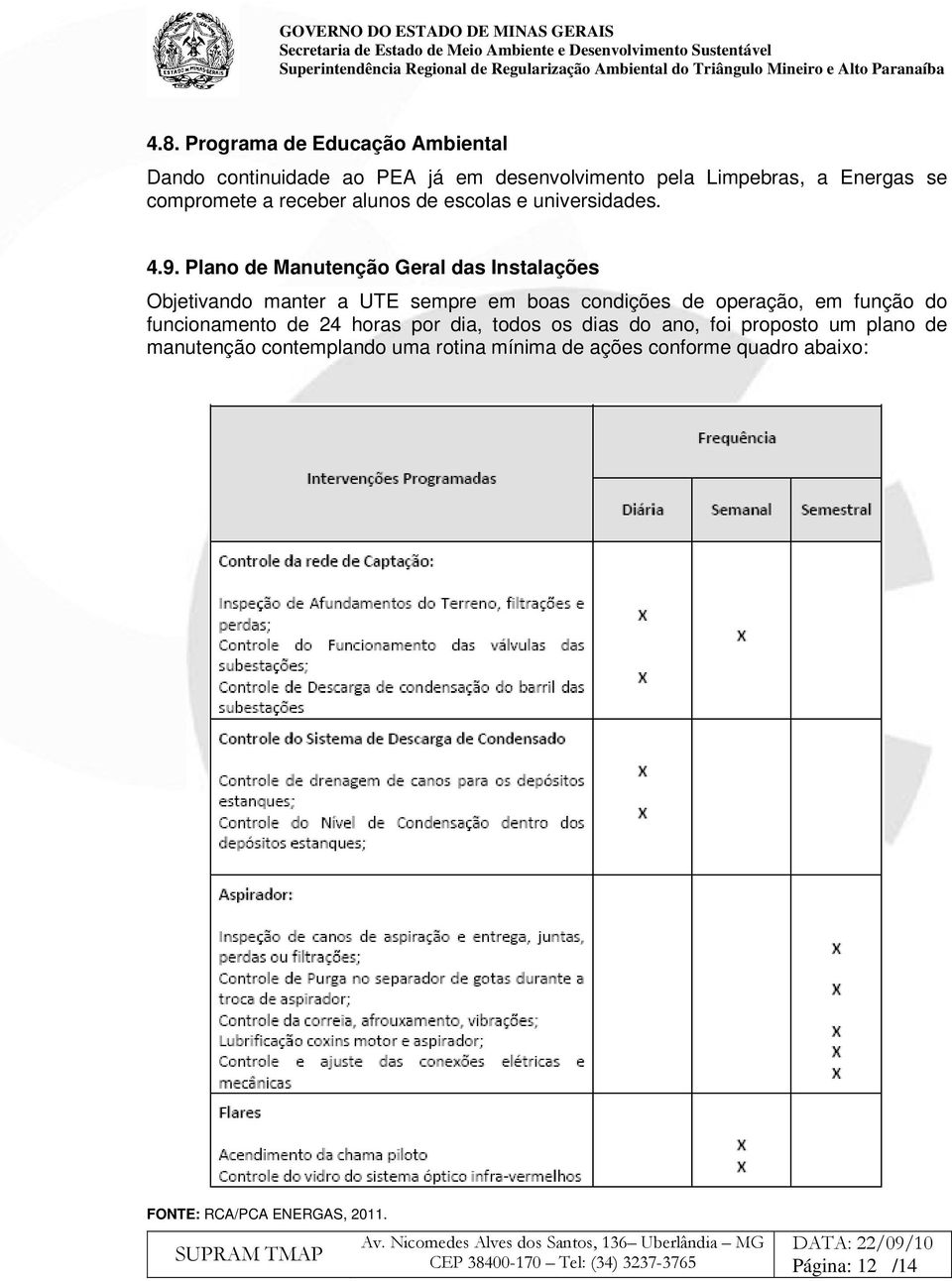 Plano de Manutenção Geral das Instalações Objetivando manter a UTE sempre em boas condições de operação, em função do