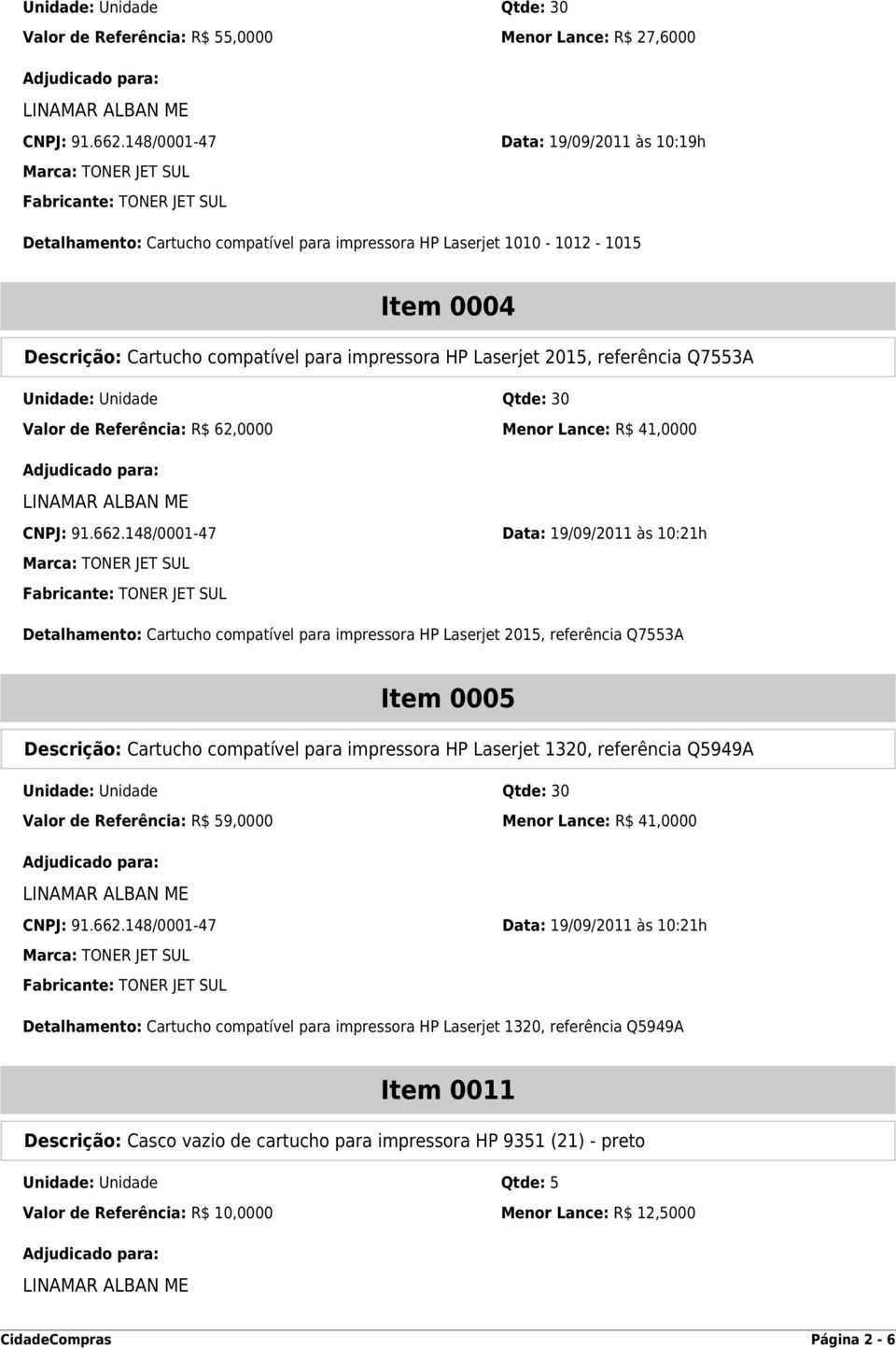 referência Q7553A Unidade: Unidade Qtde: 30 Valor de Referência: R$ 62,0000 Menor Lance: R$ 41,0000 CNPJ: 91.662.