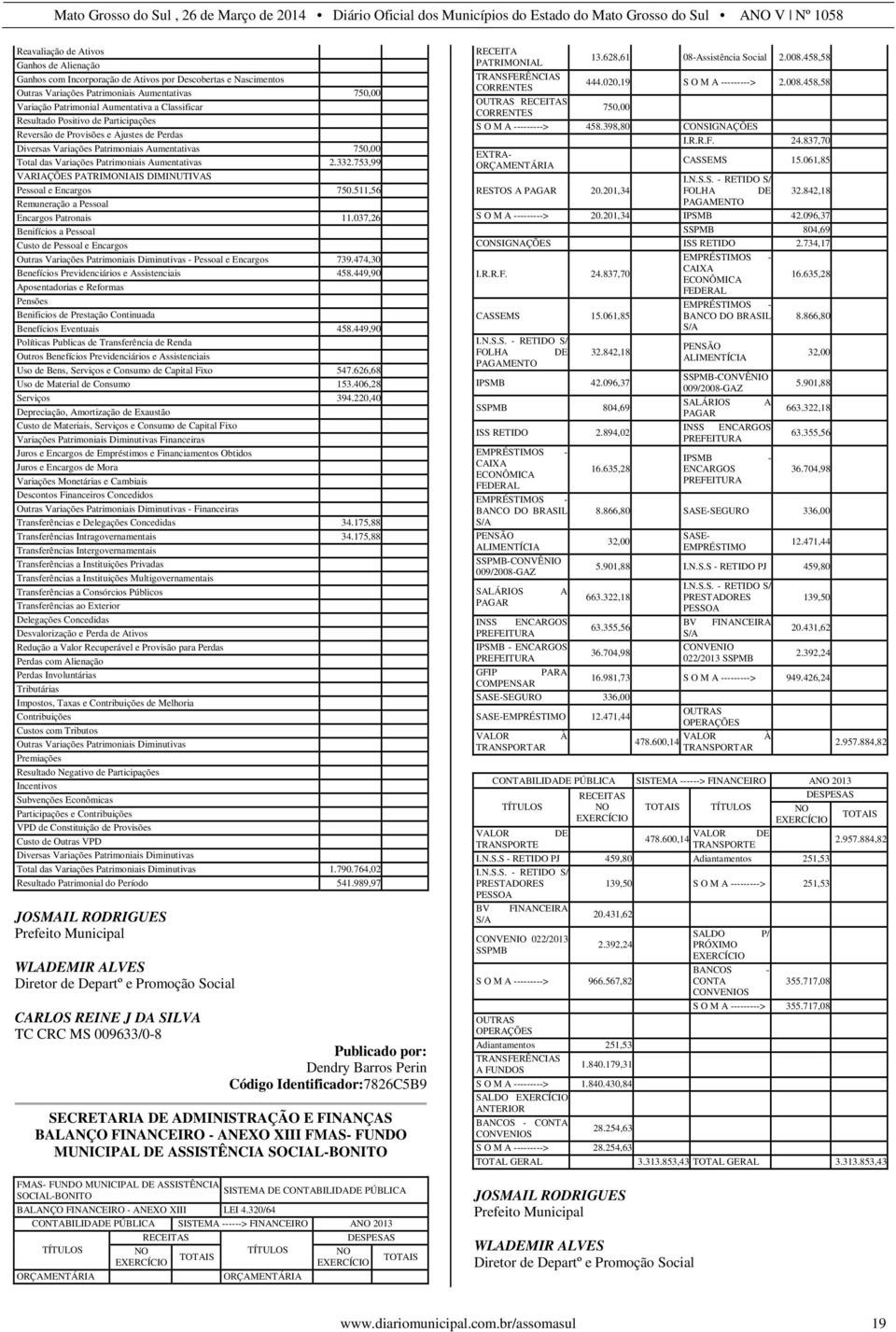 753,99 VARIAÇÕES PATRIMONIAIS DIMINUTIVAS Pessoal e Encargos 750.511,56 Remuneração a Pessoal Encargos Patronais 11.