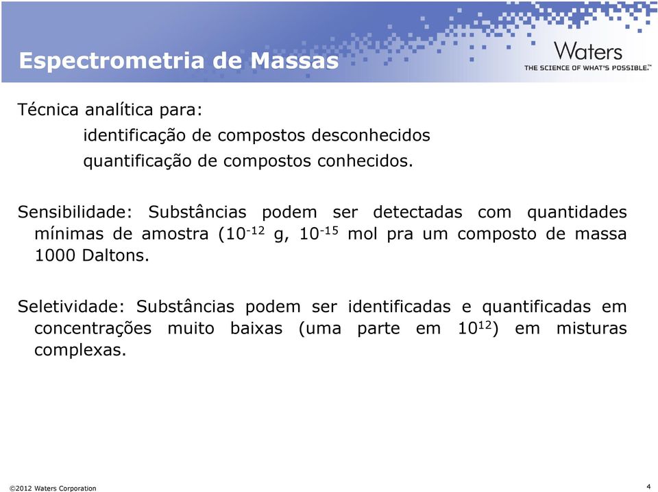 Sensibilidade: Substâncias podem ser detectadas com quantidades mínimas de amostra (10-12 g, 10-15 mol pra um