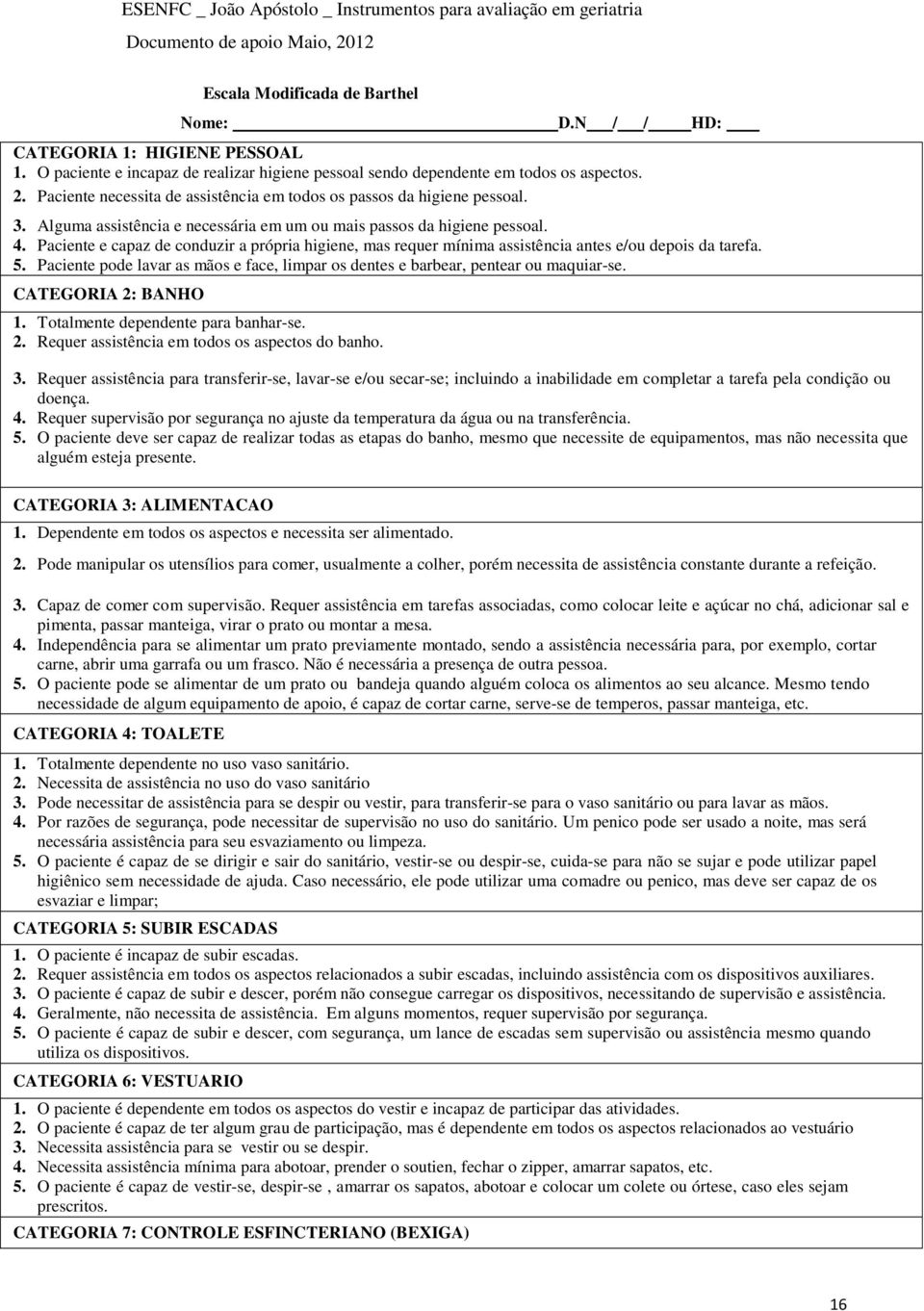 Paciente e capaz de conduzir a própria higiene, mas requer mínima assistência antes e/ou depois da tarefa. 5. Paciente pode lavar as mãos e face, limpar os dentes e barbear, pentear ou maquiar-se.