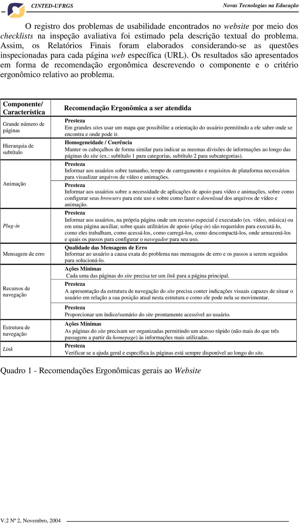 Os resultados são apresentados em forma de recomendação ergonômica descrevendo o componente e o critério ergonômico relativo ao problema.