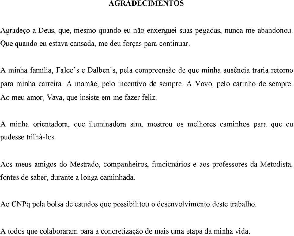 Ao meu amor, Vava, que insiste em me fazer feliz. A minha orientadora, que iluminadora sim, mostrou os melhores caminhos para que eu pudesse trilhá-los.