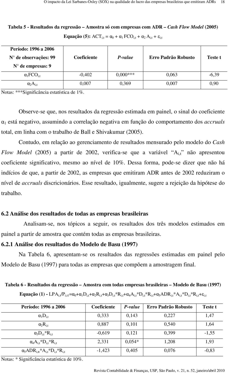 Observe-se que, nos resultados da regressão estimada em painel, o sinal do coeficiente α 1 está negativo, assumindo a correlação negativa em função do comportamento dos accruals total, em linha com o