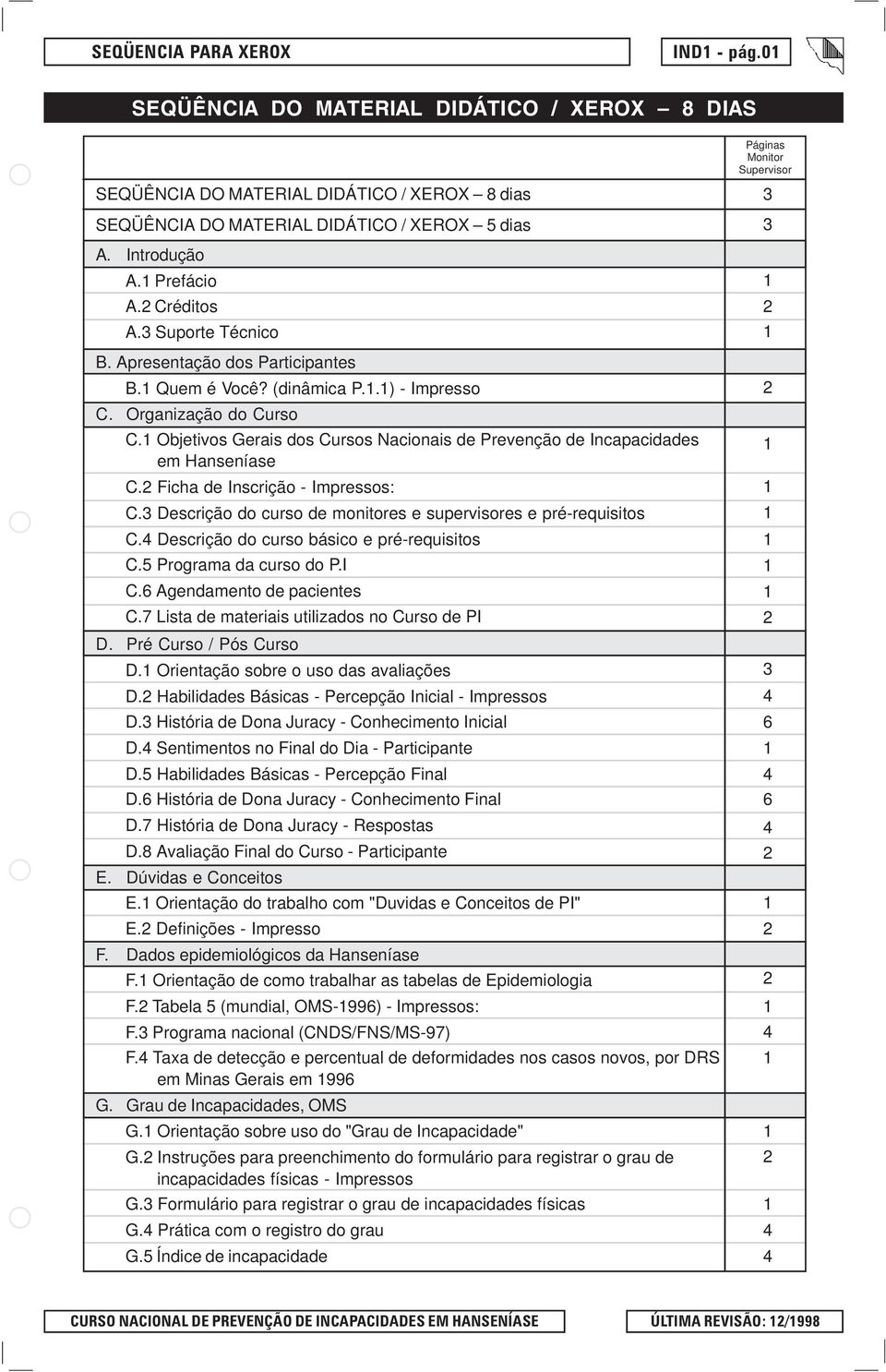 1 Objetivos Gerais dos Cursos Nacionais de Prevenção de Incapacidades em Hanseníase C.2 Ficha de Inscrição - Impressos: C.3 Descrição do curso de monitores e supervisores e pré-requisitos C.