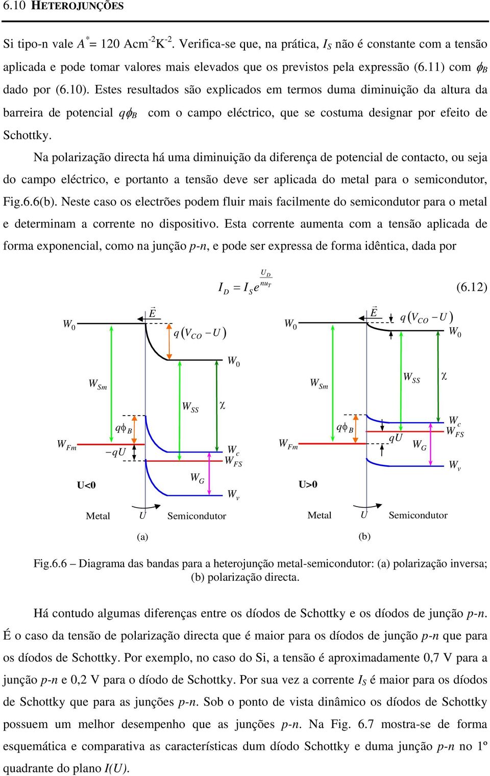 Na polarização directa há uma dimiuição da difereça de potecial de cotacto, ou seja do campo eléctrico, e portato a tesão deve ser aplicada do metal para o semicodutor, Fig.6.6(b).