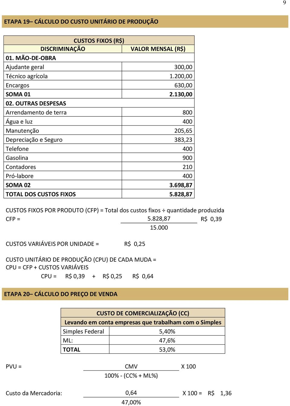 698,87 TOTAL DOS CUSTOS FIXOS 5.828,87 CUSTOS FIXOS POR PRODUTO (CFP) = Total dos custos fixos quantidade produzida CFP = 5.828,87 R$ 0,39 15.