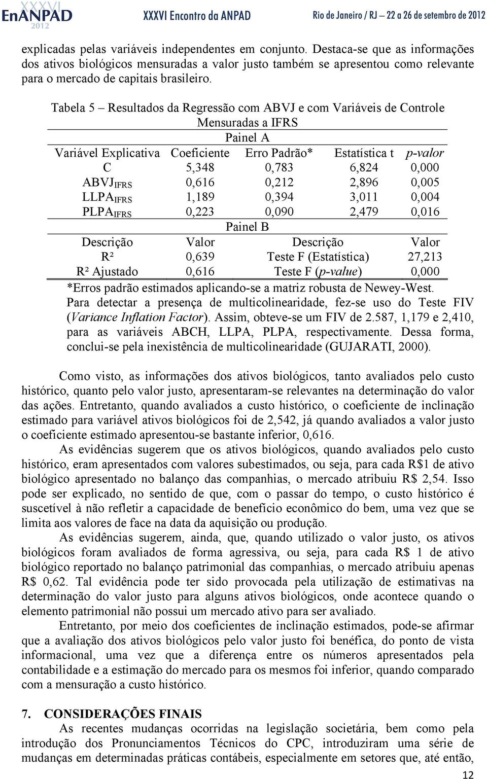 Tabela 5 Resultados da Regressão com ABVJ e com Variáveis de Controle Mensuradas a IFRS Painel A Variável Explicativa Coeficiente Erro Padrão* Estatística t p-valor C 5,348 0,783 6,824 0,000 ABVJ