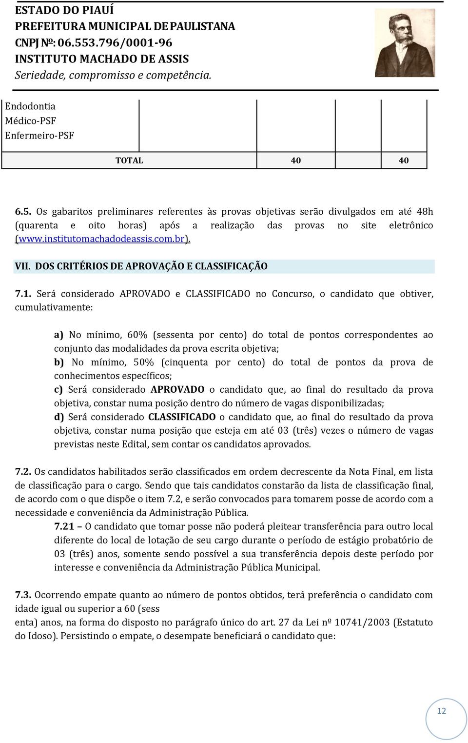 DOS CRITÉRIOS DE APROVAÇÃO E CLASSIFICAÇÃO 7.1.