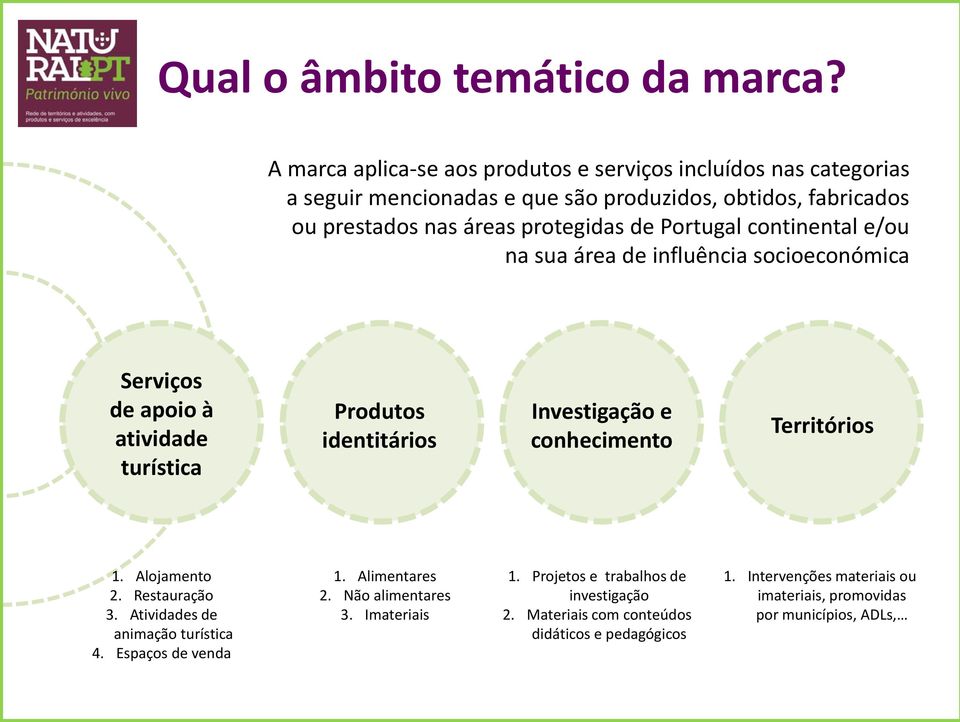 Portugal continental e/ou na sua área de influência socioeconómica Serviços de apoio à atividade turística Produtos identitários Investigação e conhecimento