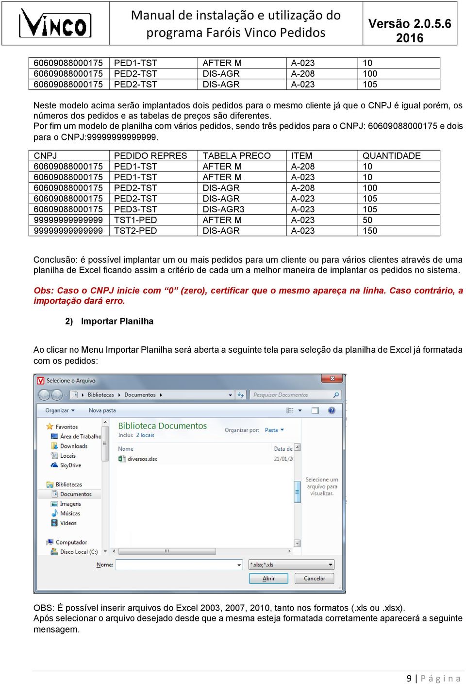 Por fim um modelo de planilha com vários pedidos, sendo três pedidos para o CNPJ: 60609088000175 e dois para o CNPJ:99999999999999.