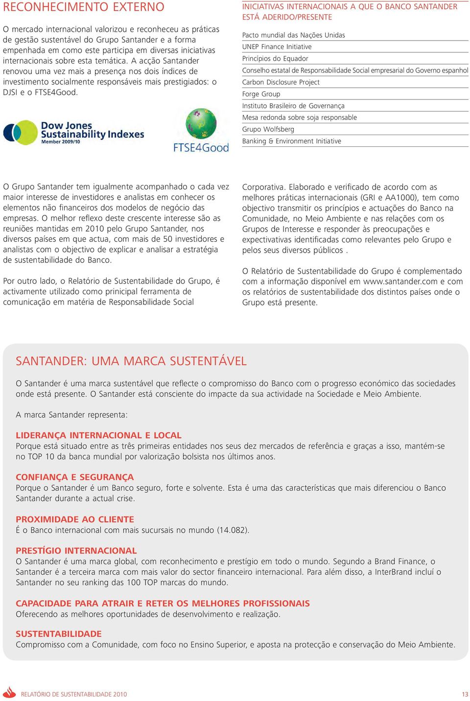 iniciativas internacionais a que o banco santander está aderido/presente Pacto mundial das Nações Unidas UNEP Finance Initiative Princípios do Equador Conselho estatal de Responsabilidade Social