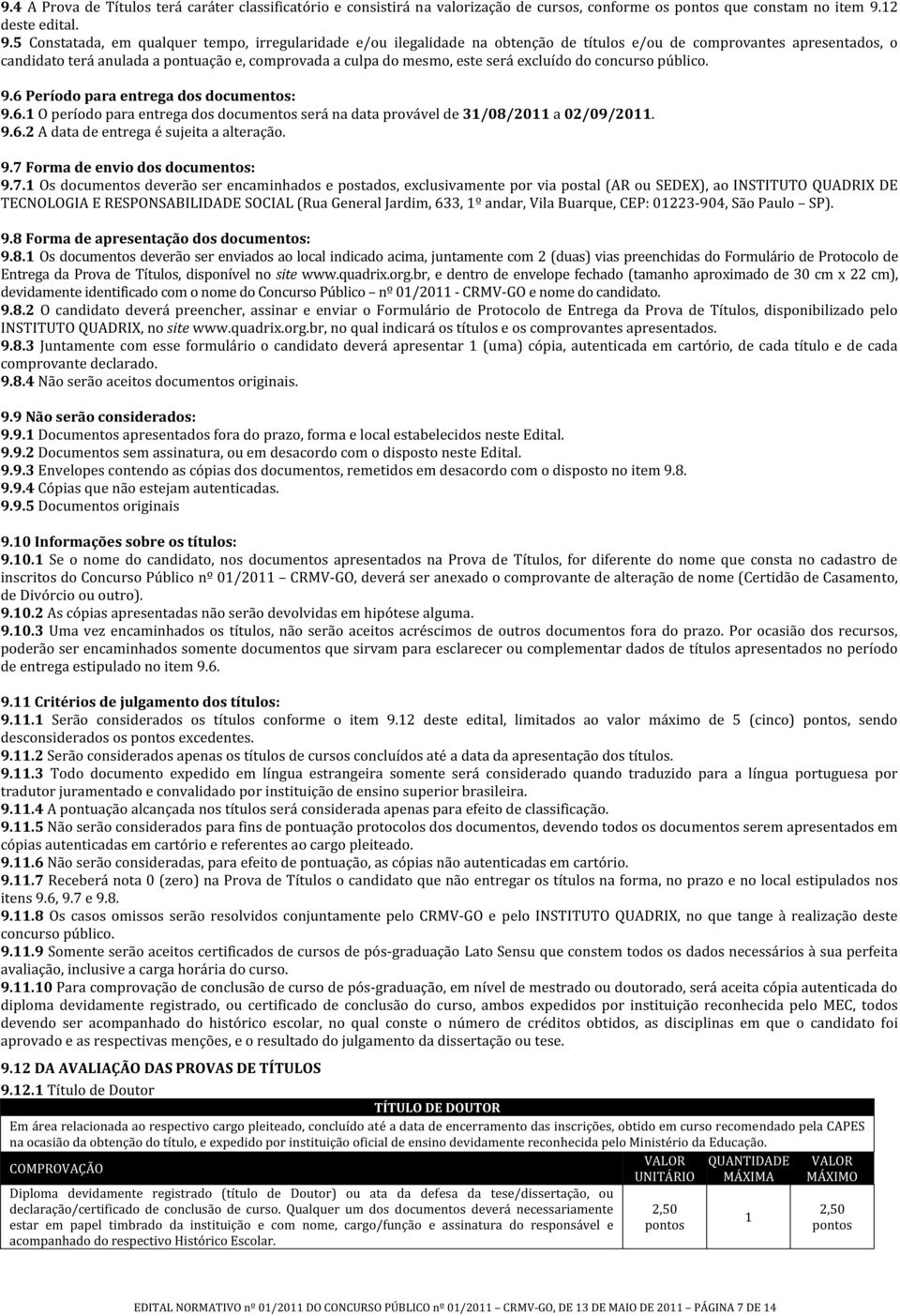 10Informaçõessobreostítulos: 9.10.1 9.10.2 9.10.3 9.11Critériosdejulgamentodostítulos: 9.11.1 9.11.2 9.11.3 9.11.4 9.