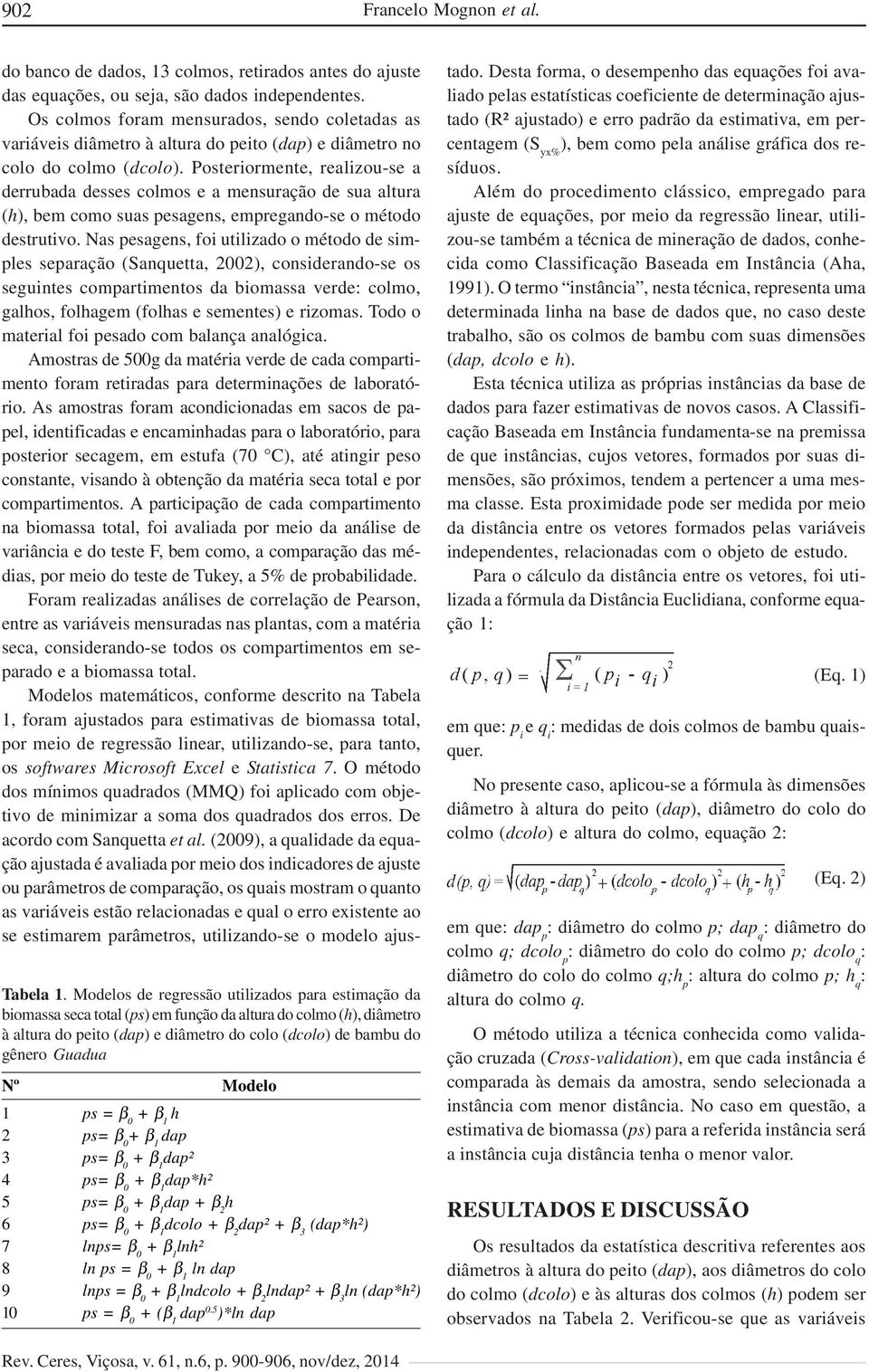 Modelo 1 ps = β 0 h 2 ps= β 0 dap 3 ps= β 0 dap² 4 ps= β 0 dap*h² 5 ps= β 0 dap + β 2 h 6 ps= β 0 dcolo + β 2 dap² + β 3 (dap*h²) 7 lnps= β 0 lnh² 8 ln ps = β 0 ln dap 9 lnps = β 0 lndcolo + β 2