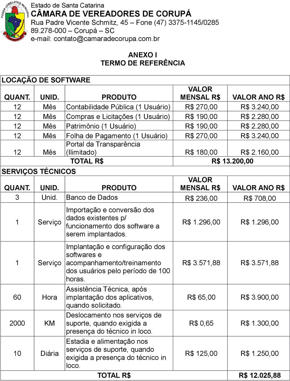 240,00 12 Mês Portal da Transparência (Ilimitado) R$ 180,00 R$ 2.160,00 TOTAL R$ R$ 13.200,00 SERVIÇOS TÉCNICOS QUANT. UNID. PRODUTO VALOR MENSAL R$ VALOR ANO R$ 3 Unid.