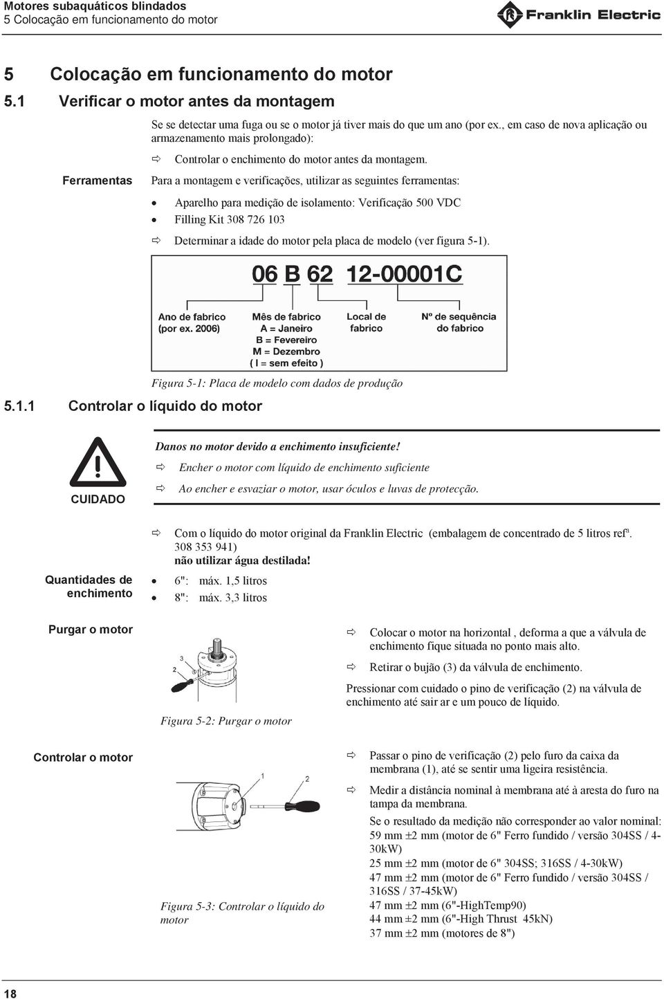 Ferramentas Para a montagem e verificações, utilizar as seguintes ferramentas: Aparelho para medição de isolamento: Verificação 500 VDC Filling Kit 308 726 103 Determinar a idade do motor pela placa