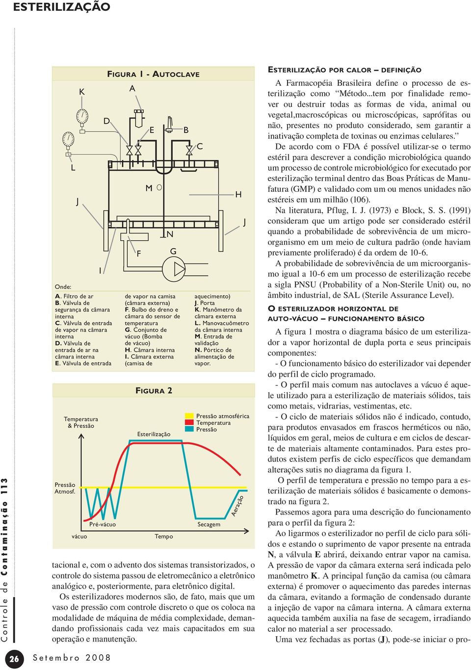 Válvula de entrada Pré-vácuo Figura 1 - Autoclave A F E M Figura 2 Esterilização Tempo Pressão atmosférica Temperatura Pressão Secagem tacional e, com o advento dos sistemas transistorizados, o