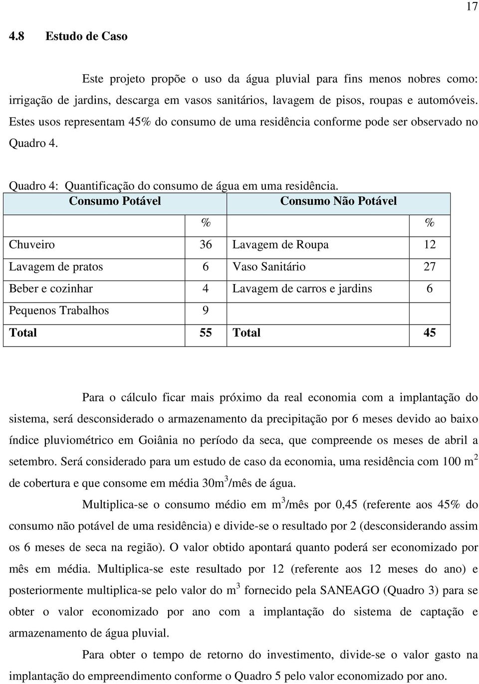 Consumo Potável Consumo Não Potável % % Chuveiro 36 Lavagem de Roupa 12 Lavagem de pratos 6 Vaso Sanitário 27 Beber e cozinhar 4 Lavagem de carros e jardins 6 Pequenos Trabalhos 9 Total 55 Total 45