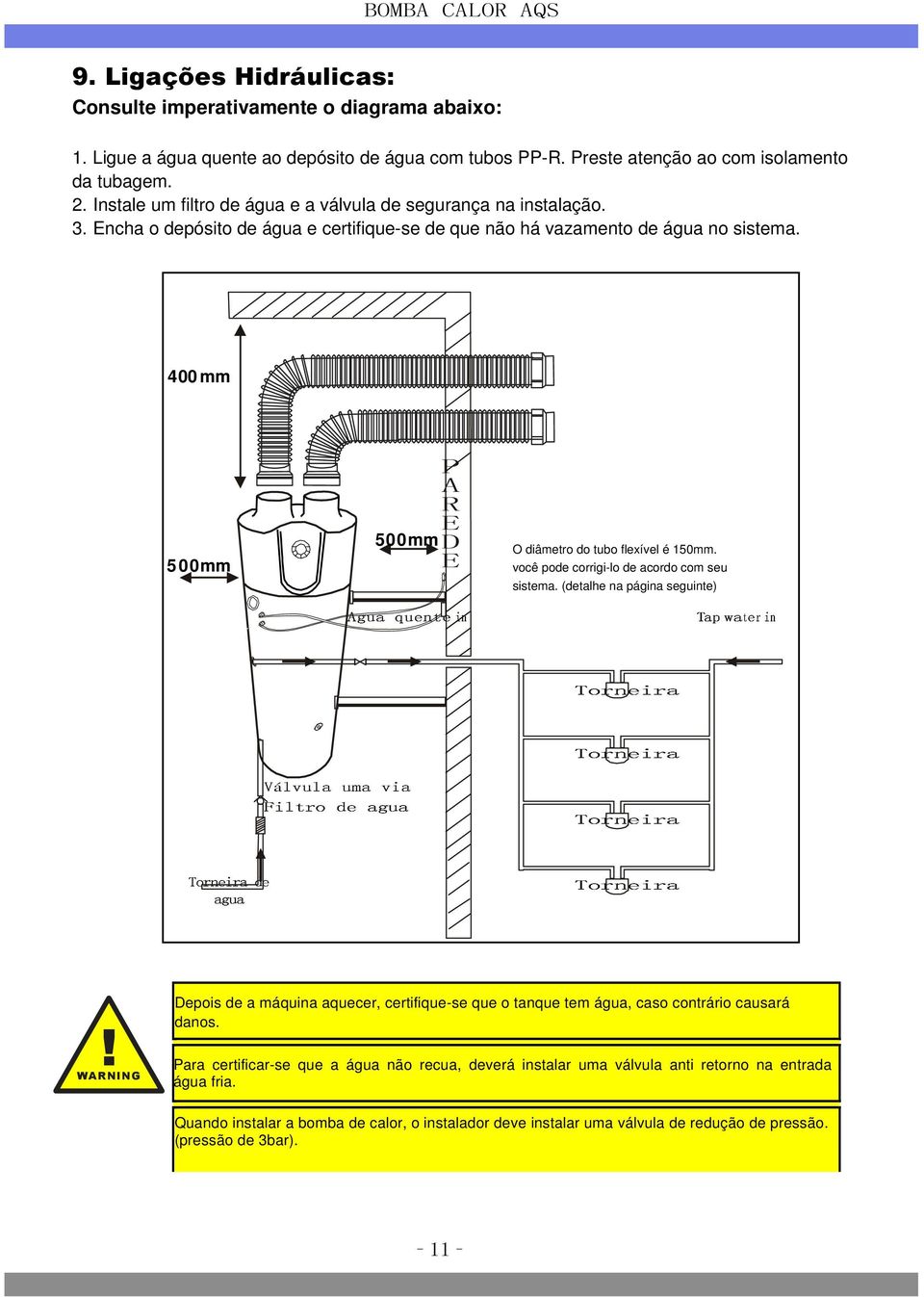 400 mm P Agua quente A in R E 500mm D 500mm E Válvula Filtro de uma agua via Torneira agua de O diâmetro Torneira Tap wate r in do tubo flexível é 150mm.