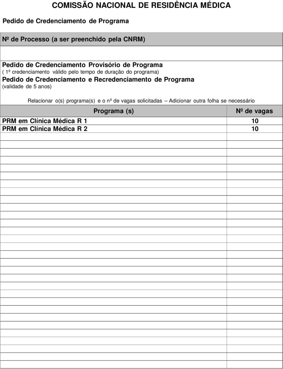 Recredenciamento de Programa (validade de 5 anos) Relacionar o(s) programa(s) e o nº de vagas