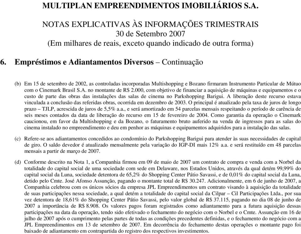 A liberação deste recurso estava vinculada a conclusão das referidas obras, ocorrida em dezembro de 2003. O principal é atualizado pela taxa de juros de longo prazo TJLP, acrescida de juros de 5,5% a.