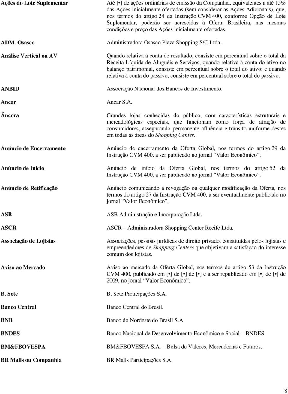 Osasco Análise Vertical ou AV ANBID Ancar Âncora Anúncio de Encerramento Anúncio de Início Anúncio de Retificação ASB ASCR Associação de Lojistas Aviso ao Mercado Administradora Osasco Plaza Shopping