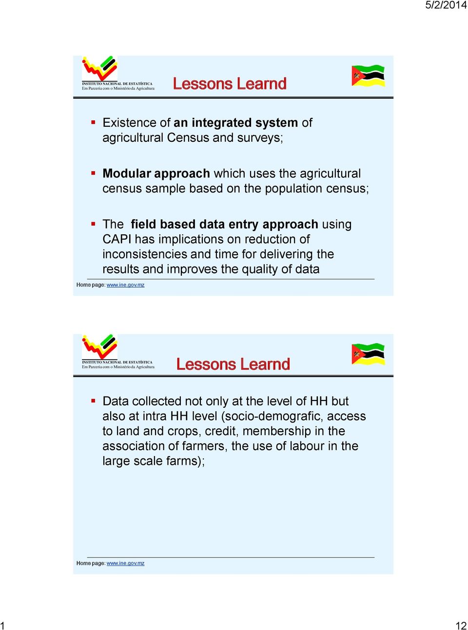 time for delivering the results and improves the quality of data Lessons Learnd Data collected not only at the level of HH but also at intra