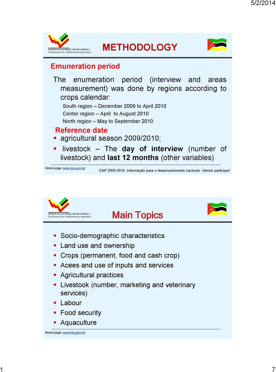 interview (number of livestock) and last 12 months (other variables) Main Topics Socio-demographic characteristics Land use and ownership Crops (permanent, food