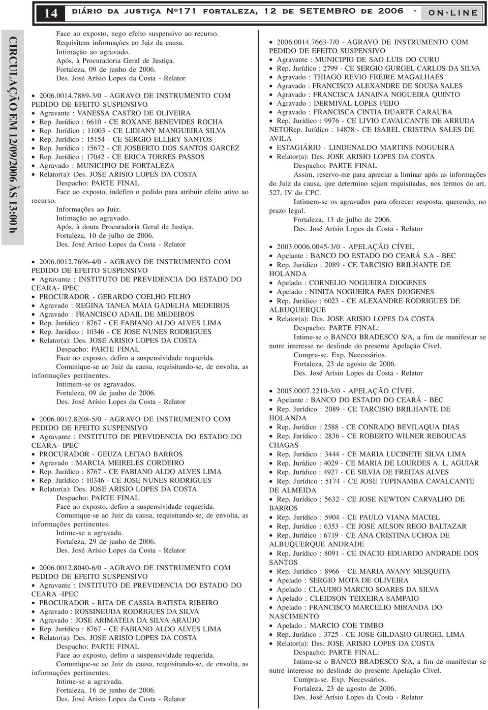 7889-3/0 - AGRAVO DE INSTRUMENTO COM PEDIDO DE EFEITO SUSPENSIVO Agravante : VANESSA CASTRO DE OLIVEIRA Rep. Jurídico : 6610 - CE ROXANE BENEVIDES ROCHA Rep.