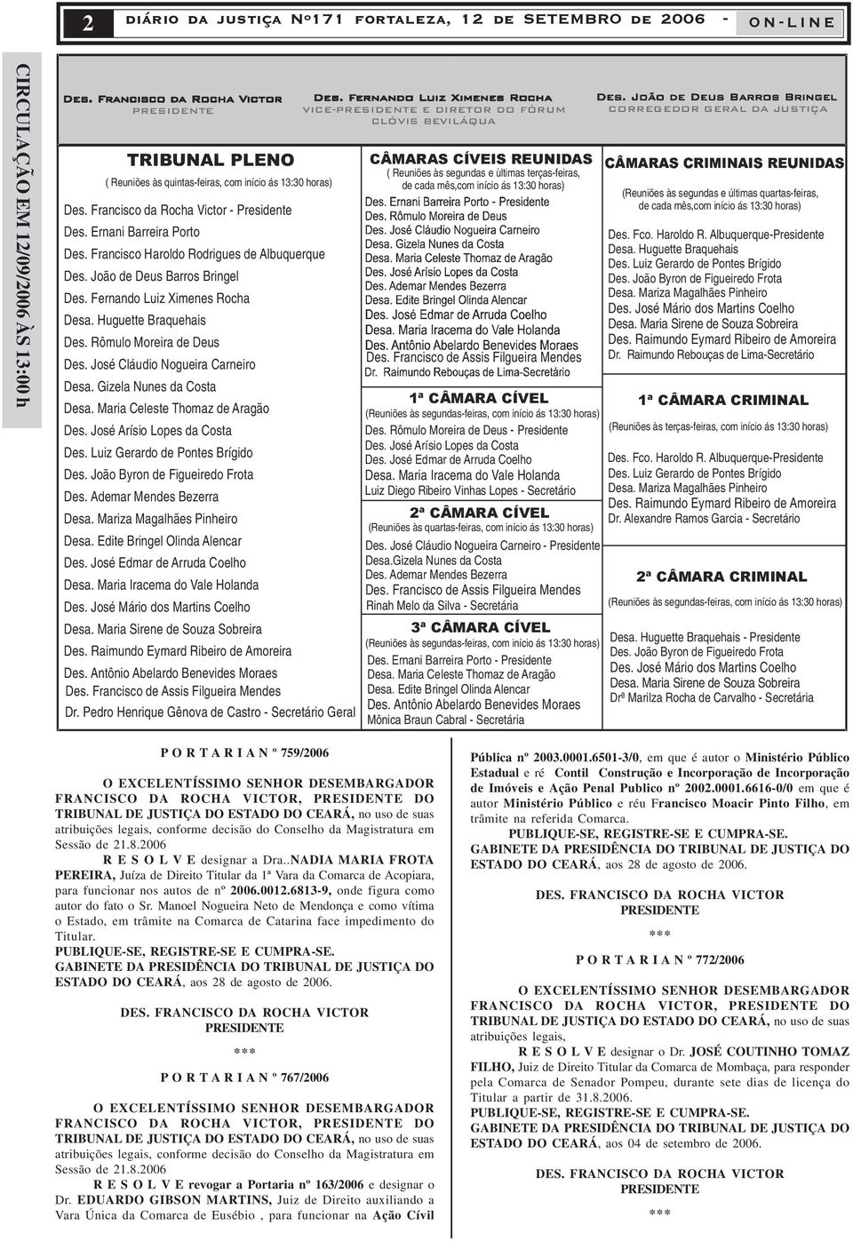 José Cláudio Nogueira Carneiro Desa. Gizela Nunes da Costa Desa. Maria Celeste Thomaz de Aragão Des. José Arísio Lopes da Costa Des. Luiz Gerardo de Pontes Brígido Des.