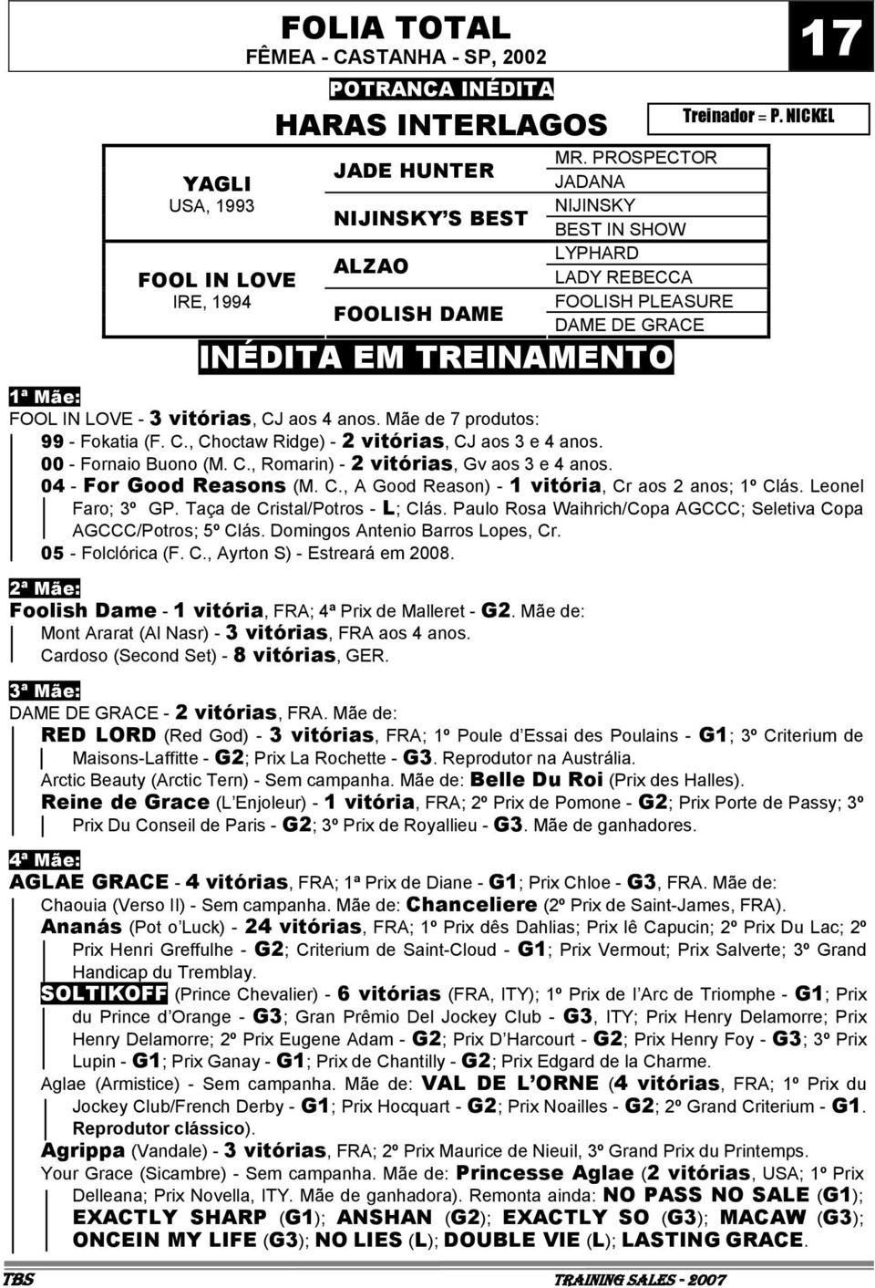 Mãe de 7 produtos: 99 - Fokatia (F. C., Choctaw Ridge) - 2 vitórias, CJ aos 3 e 4 anos. 00 - Fornaio Buono (M. C., Romarin) - 2 vitórias, Gv aos 3 e 4 anos. 04 - For Good Reasons (M. C., A Good Reason) - 1 vitória, Cr aos 2 anos; 1º Clás.