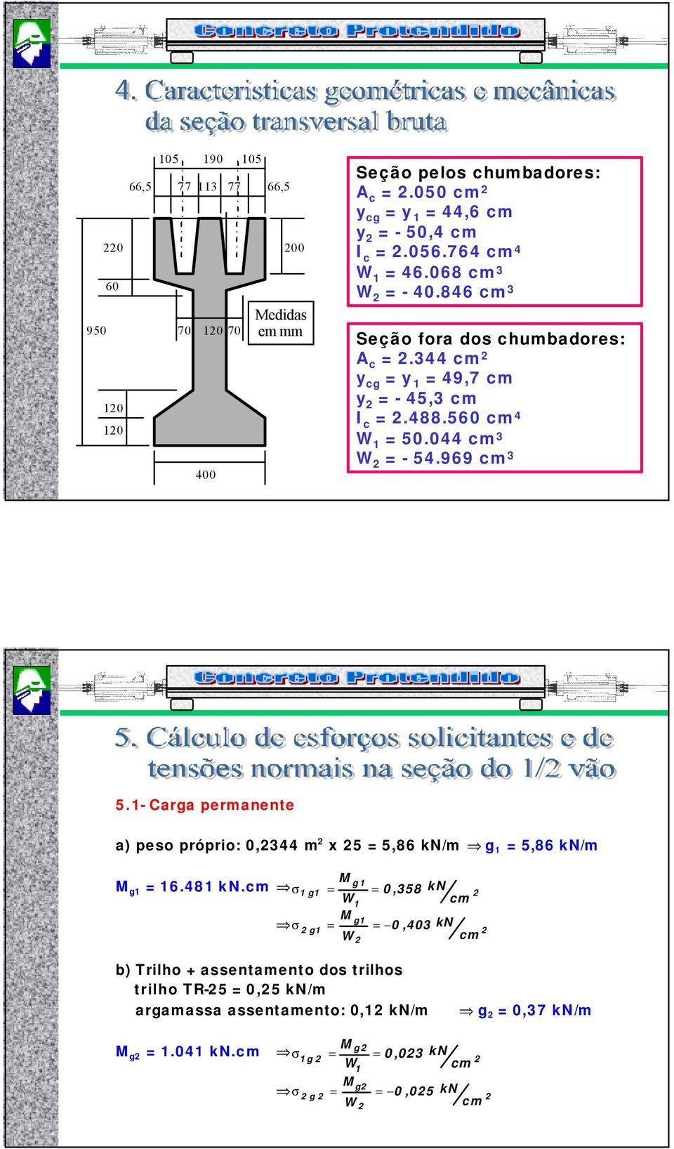 1 Carga permanente a) peso próprio: 0,344 m x 5 5,86 kn/m g 1 5,86 kn/m M g1 M g1 16.481 kn.