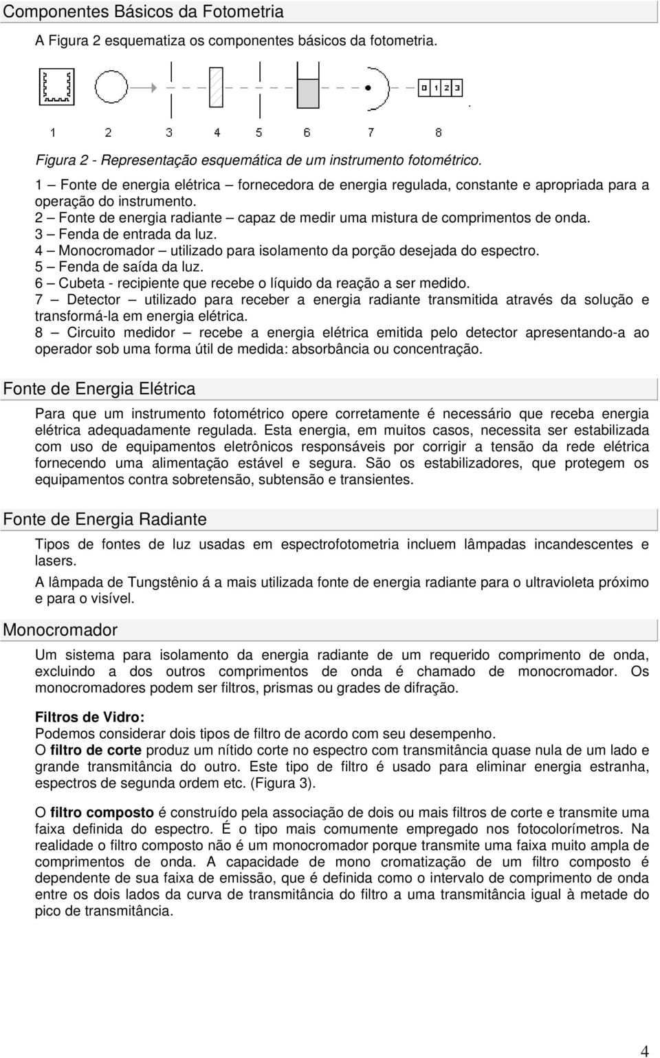 3 Fenda de entrada da luz. 4 Monocromador utilizado para isolamento da porção desejada do espectro. 5 Fenda de saída da luz. 6 Cubeta - recipiente que recebe o líquido da reação a ser medido.