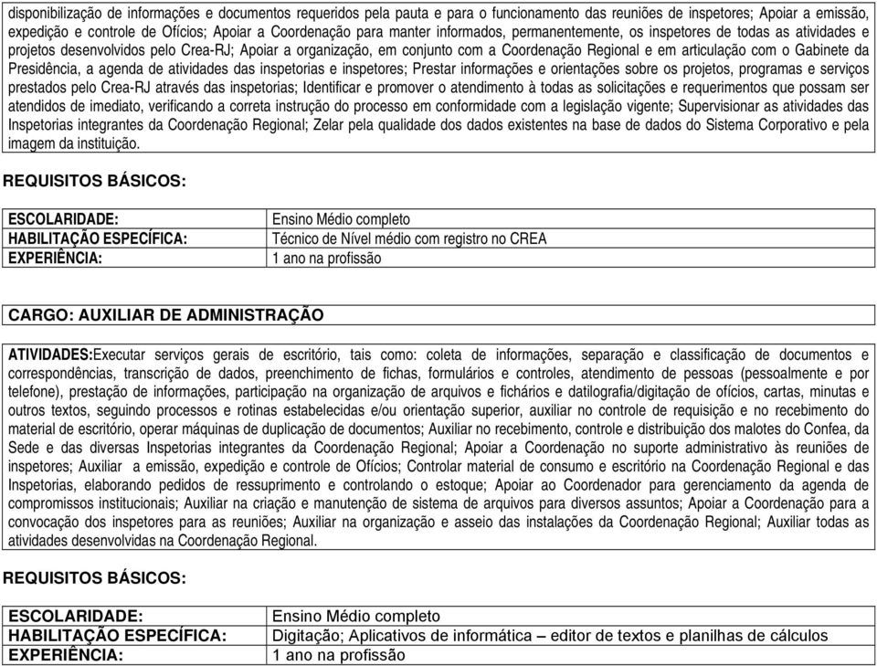 Gabinete da Presidência, a agenda de atividades das inspetorias e inspetores; Prestar informações e orientações sobre os projetos, programas e serviços prestados pelo Crea-RJ através das inspetorias;