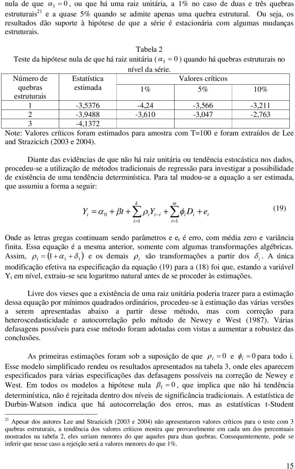 Tabela Teste da hipótese nula de que há raiz unitária ( 1 0 ) quando há quebras estruturais no nível da série.