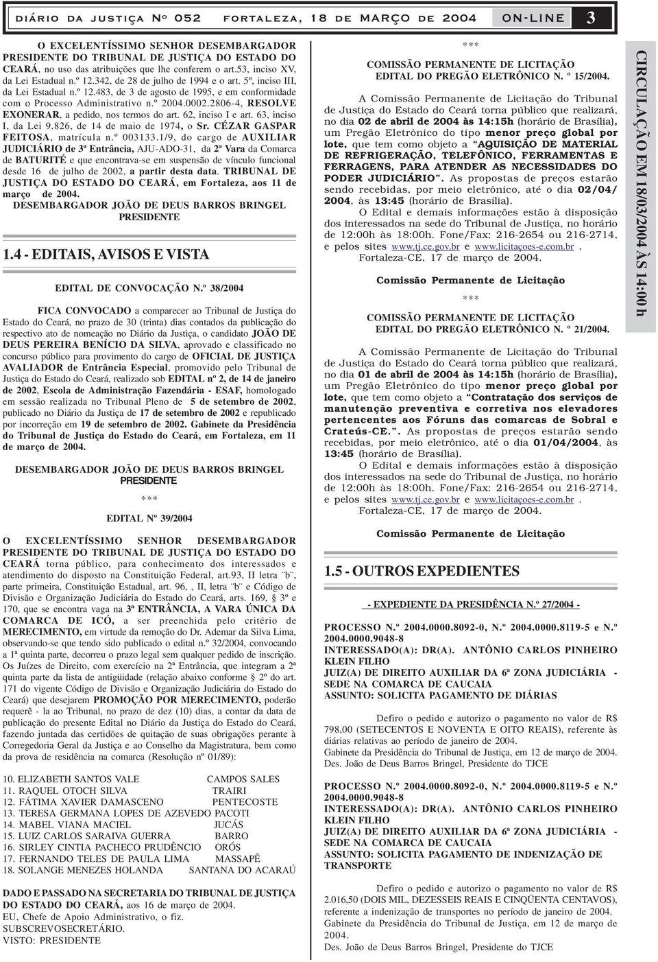 2806-4, RESOLVE EXONERAR, a pedido, nos termos do art. 62, inciso I e art. 63, inciso I, da Lei 9.826, de 14 de maio de 1974, o Sr. CÉZAR GASPAR FEITOSA, matrícula n.º 003133.