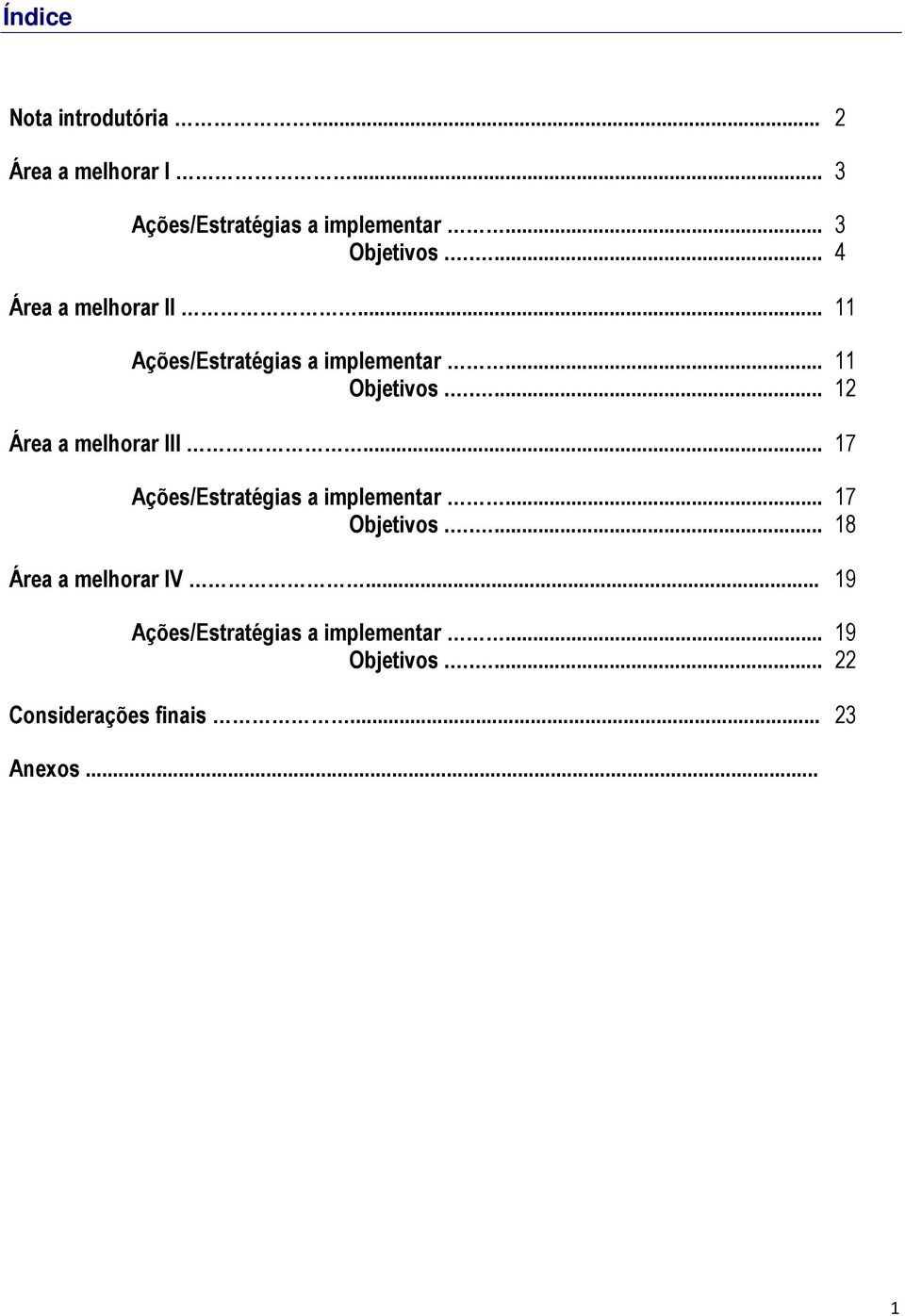 .. 17 Ações/Estratégias a implementar... Objetivos..... Área a melhorar IV.