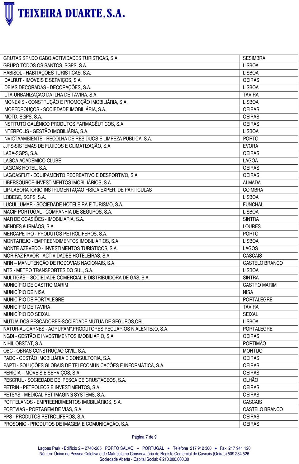 A. JJPS-SISTEMAS DE FLUIDOS E CLIMATIZAÇÃO, S.A. LABA-SGPS, S.A. LAGOA ACADÉMICO CLUBE LAGOAS HOTEL, S.A. LAGOASFUT - EQUIPAMENTO RECREATIVO E DESPORTIVO, S.A. LIBERSOURCE-INVESTIMENTOS IMOBILIÁRIOS, S.