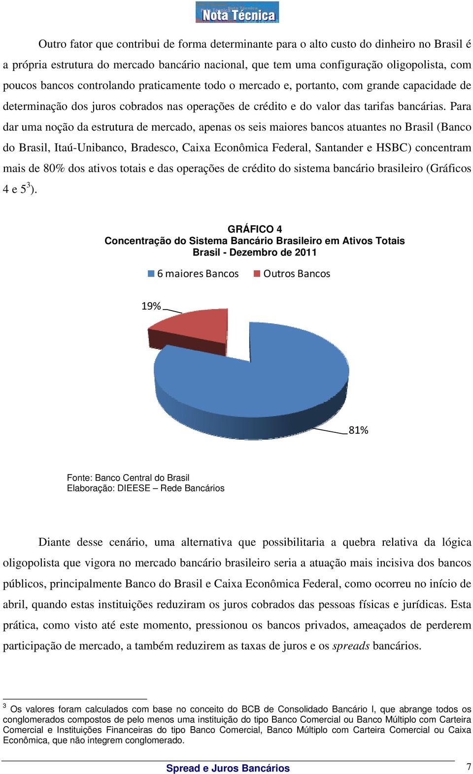 Para dar uma noção da estrutura de mercado, apenas os seis maiores bancos atuantes no Brasil (Banco do Brasil, Itaú-Unibanco, Bradesco, Caixa Econômica Federal, Santander e HSBC) concentram mais de