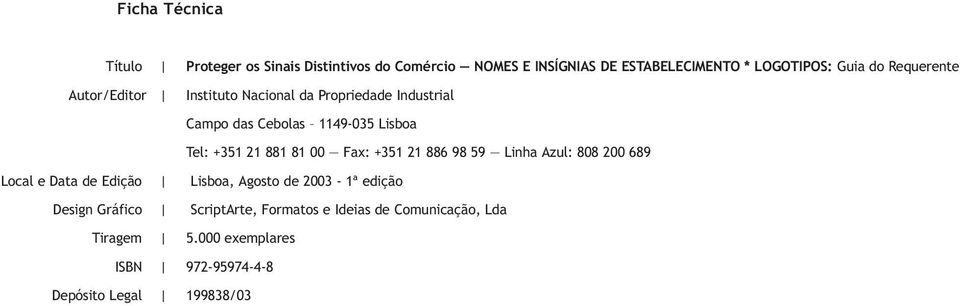 Propriedade Industrial Campo das Cebolas 1149-035 Lisboa Tel: +351 21 881 81 00 Fax: +351 21 886 98 59 Linha Azul: 808