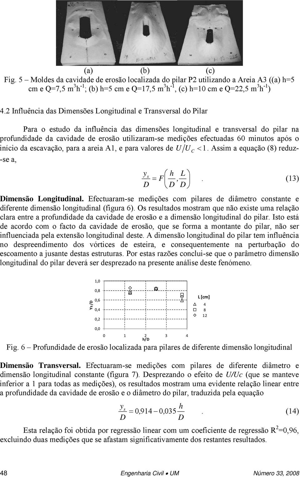 minuto apó o início da ecavação, para a areia A1, e para valore de U U C < 1. Aim a equação (8) reduz- -e a, y h L = F,. (13) imenão Longitudinal.