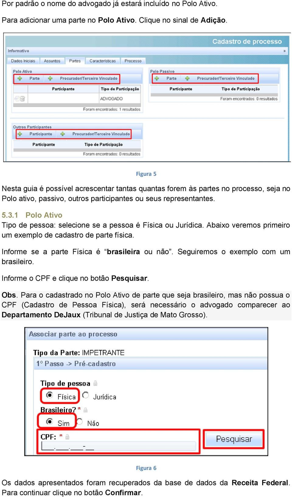 1 Polo Ativo Tipo de pessoa: selecione se a pessoa é Física ou Jurídica. Abaixo veremos primeiro um exemplo de cadastro de parte física. Informe se a parte Física é brasileira ou não.