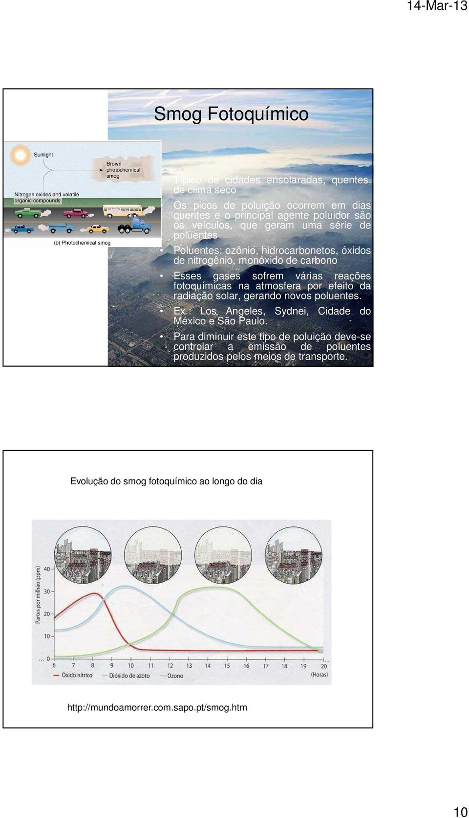 fotoquímicas na atmosfera por efeito da radiação solar, gerando novos poluentes. Ex.: Los Angeles, Sydnei, Cidade do México e São Paulo.