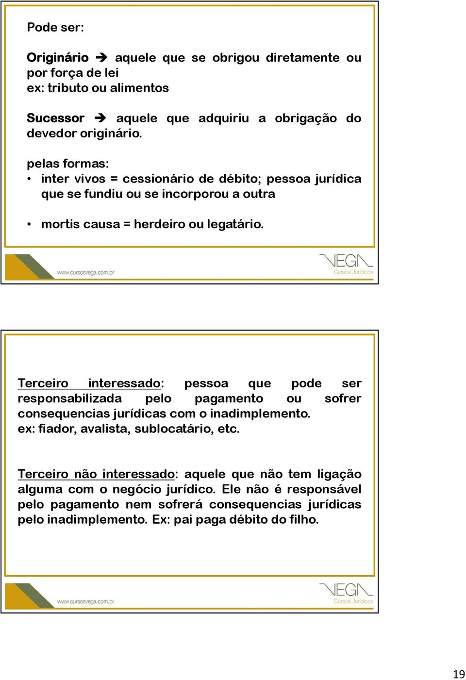 Terceiro interessado: pessoa que pode ser responsabilizada pelo pagamento ou sofrer consequencias jurídicas com o inadimplemento. ex: fiador, avalista, sublocatário, etc.