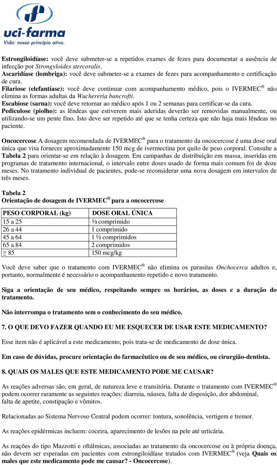 Filariose (elefantíase): você deve continuar com acompanhamento médico, pois o IVERMEC não elimina as formas adultas da Wuchereria bancrofti.