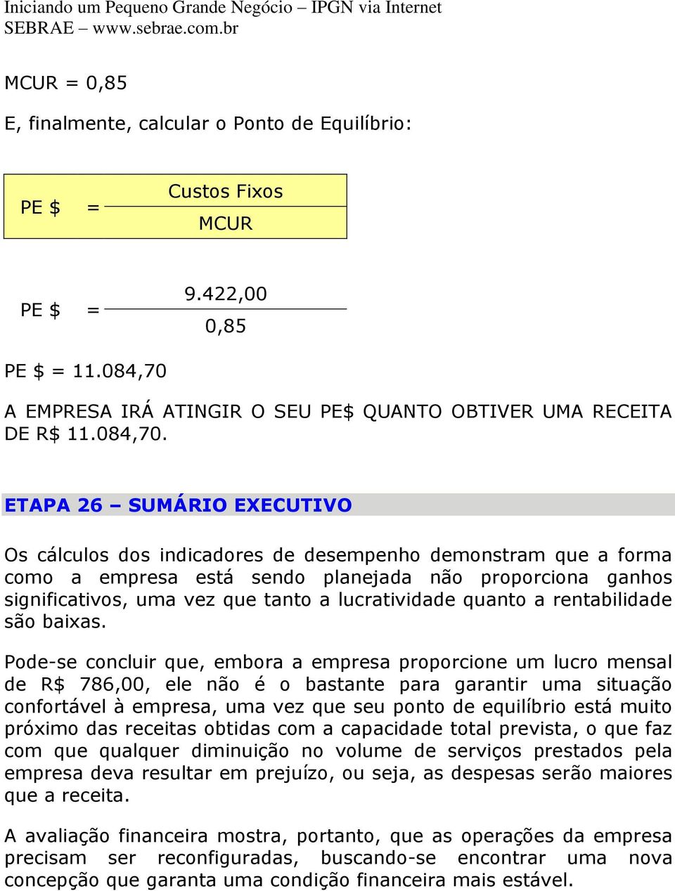 ETAPA 26 SUMÁRIO EXECUTIVO Os cálculos dos indicadores de desempenho demonstram que a forma como a empresa está sendo planejada não proporciona ganhos significativos, uma vez que tanto a