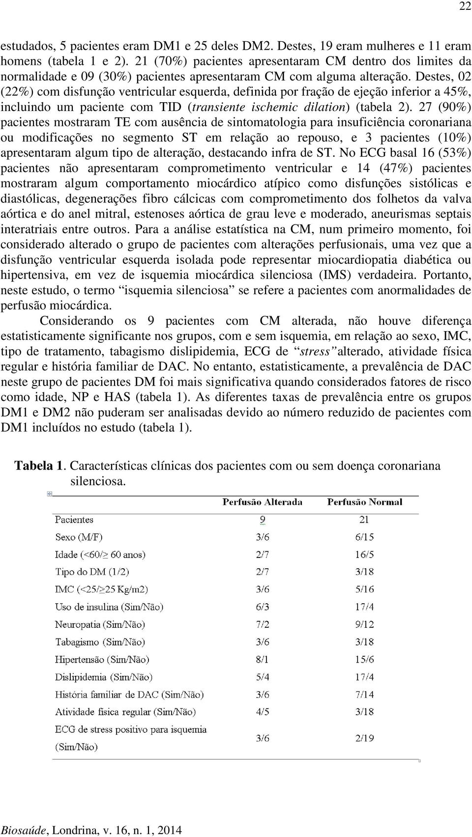 Destes, 02 (22%) com disfunção ventricular esquerda, definida por fração de ejeção inferior a 45%, incluindo um paciente com TID (transiente ischemic dilation) (tabela 2).